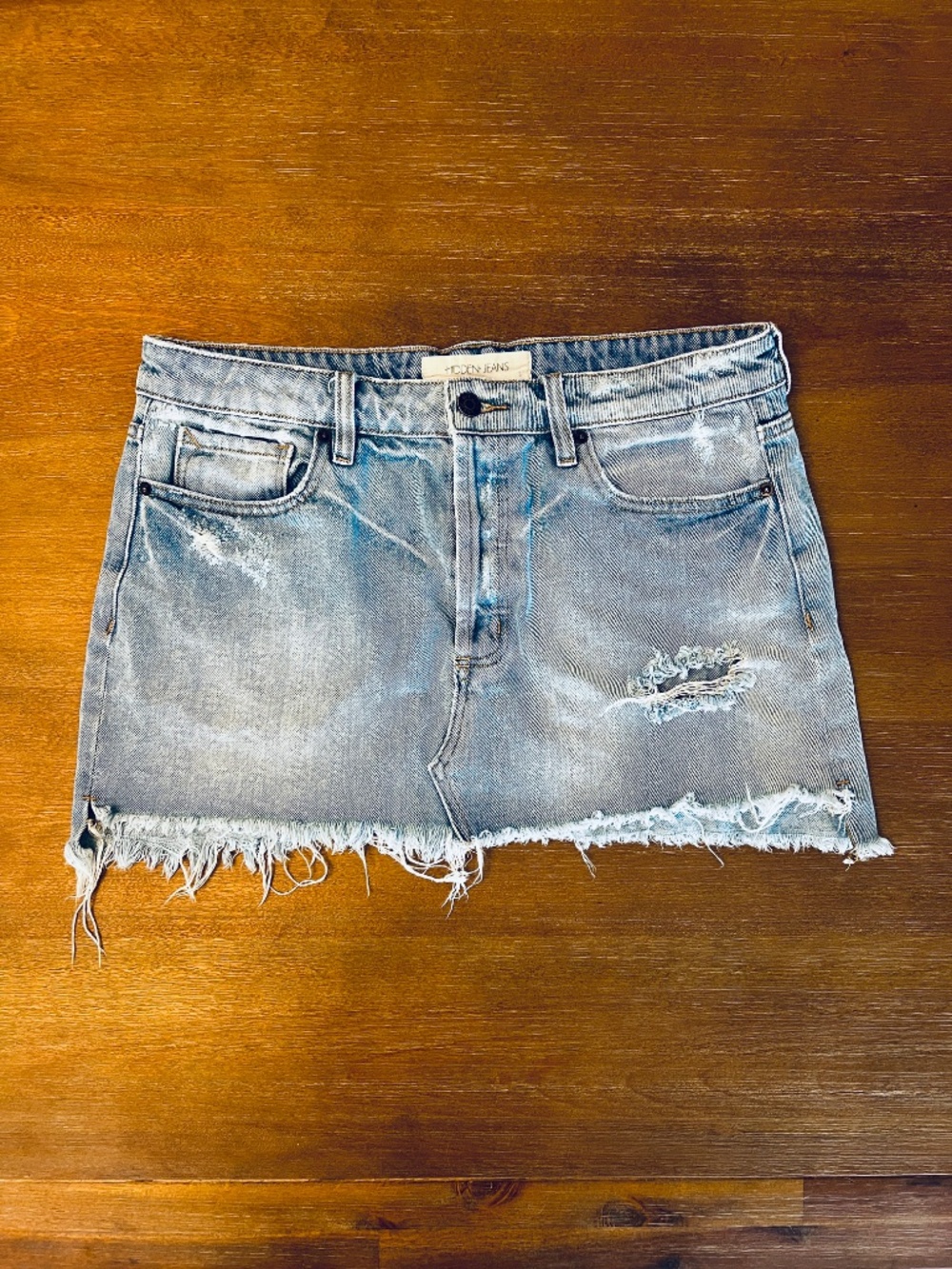 Hidden Jeans Denim Mini Skirt | Faded Soft Distressed Cotton | Raw Hem | Large
